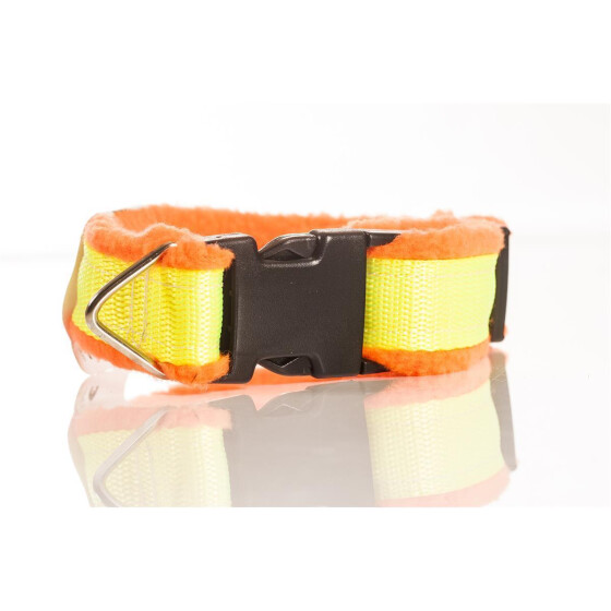 Halsband neon aus Gurtband, gepolstert, Farbe: orange (Polster), gelb (Gurtband) Breite: 40mm