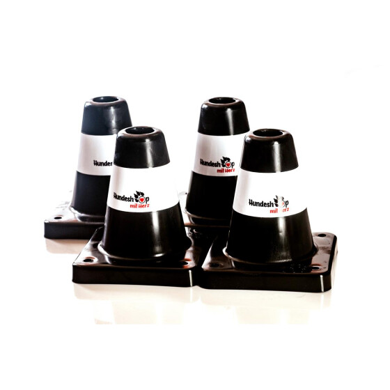 4 Stück Box-Pylone mittelschwer, offen, gerundete Kanten im Set, Farbe schwarz: Banderole weiss