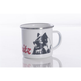 Emaille-Tasse 0,3l mit Hunderasse, zweifarbig, rot-weiß