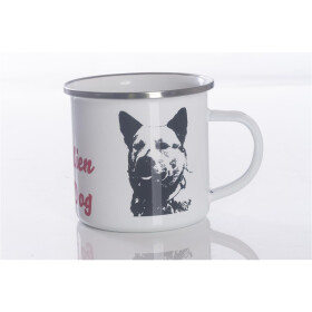 Emaille-Tasse 0,3l mit Hunderasse, zweifarbig, rot-weiß
