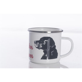 Emaille-Tasse 0,3l mit Hunderasse, zweifarbig, rot-weiß