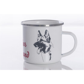 Emaille-Tasse 0,3l mit Hunderasse, zweifarbig, rot-weiß Schäferhund