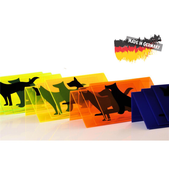 Schilderset, mit Symbolen für Sitz, Platz und Steh in drei Farben und zwei Materialen