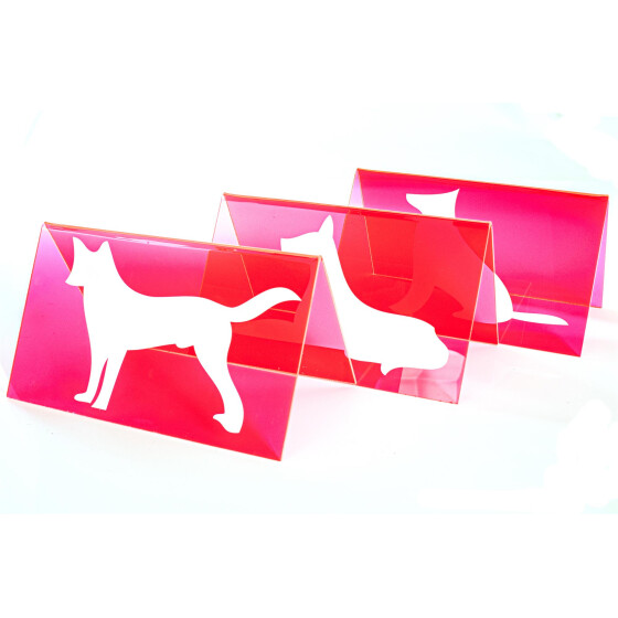 Schilderset, mit Symbolen für Sitz, Platz und Steh in drei Farben und zwei Materialen neonrot Acrylglas