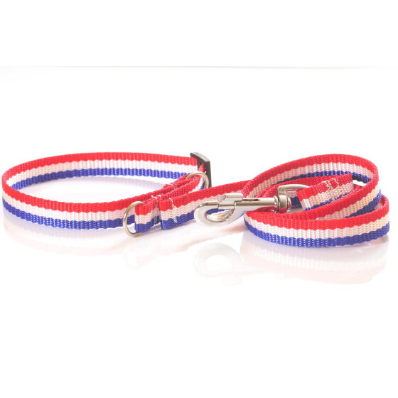Halsband und Leine aus Gurtband, blau-weiß-rot, 20mm breit Zugstop