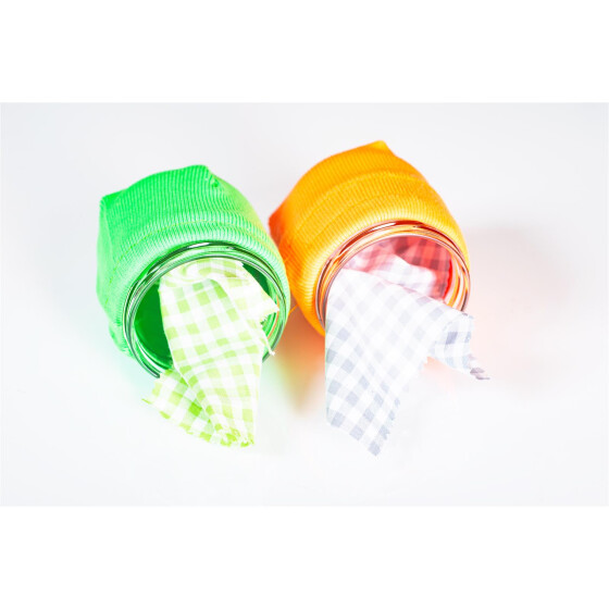 rundes, großes Glas mit Baumwolltuch und Stoffummantelung