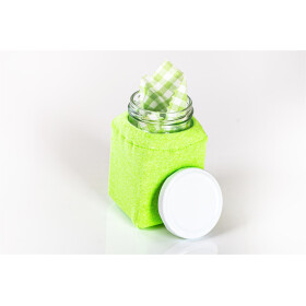 kleines, eckiges Glas mit Baumwolltuch und Stoffüberzug