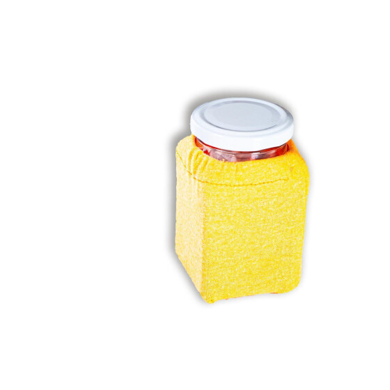 kleines, eckiges Glas mit Baumwolltuch und Stoffüberzug neonorange