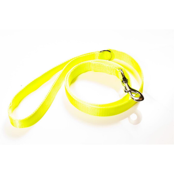 Leine aus  Gurtband, neongelb, Länge: 1,2m (mit Handschlaufe) Breite: 25mm